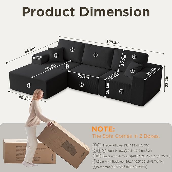 INGEROOM 108" Cloud Sectional Couch with Chaise, Modular L-Shaped Sofa Deep Seat Comfy Corduroy Memory Foam Couch for Living Room Bedroom, No Assembly Required, Black