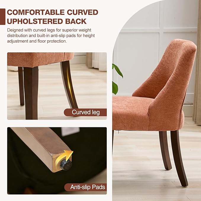UVV Wooden Dining Chairs Set of 2, Mid Century Modern Upholstered Dining Room Chair Kitchen Chairs, Chenille Dinner Chair with Solid Wood Legs for Kitchen Dining Room, Orange-Chenille