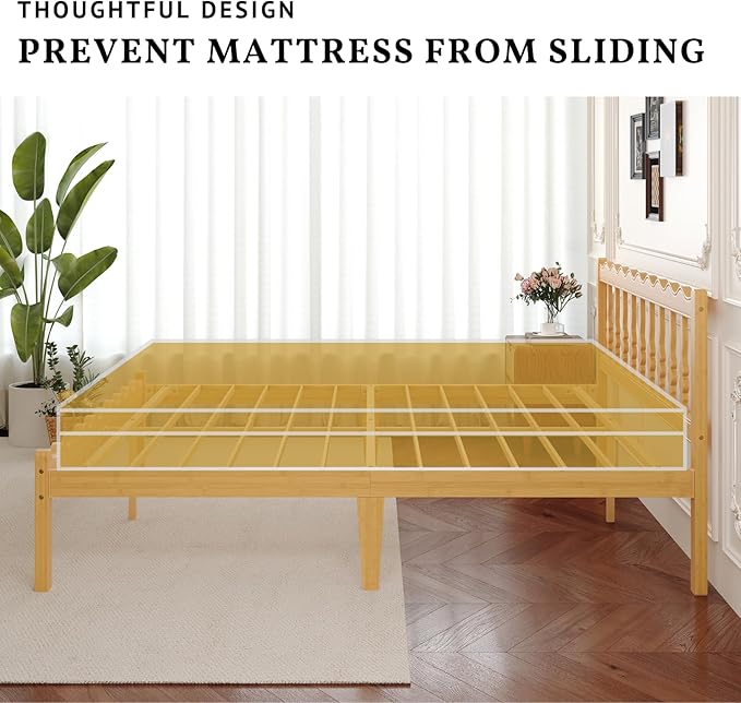 Bamboo Queen Bed Frame with Headboard, 14 inch Solid Wood Platform Bed Frames Queen Size with Metal Slats, No Box Spring Needed, Easy Assembly, Noise Free