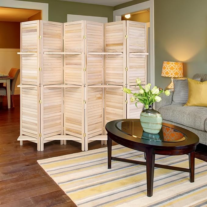 Bonnlo 6 Panels Wood Room Divider with Shelves, 6 FT Height Folding Privacy Screens, Indoor Freestanding Room Partition Wall Divider, Hinged Space Separator (Natural, 6 Panel)