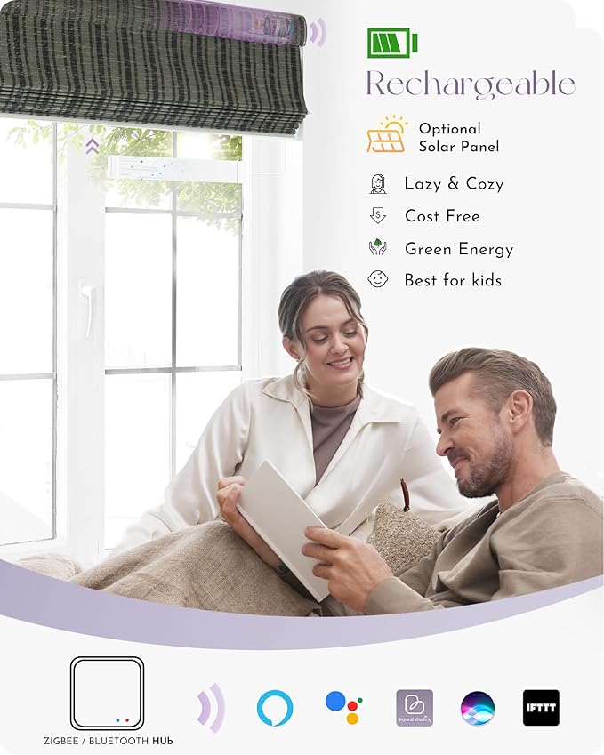 Graywind Smart Natural Roman Shades Compatible with Alexa Google Rechargeable Light Filtering Motorized Blinds with Remote Plain Fold for Doors Bedroom, Custom Size (Striped Taupe)
