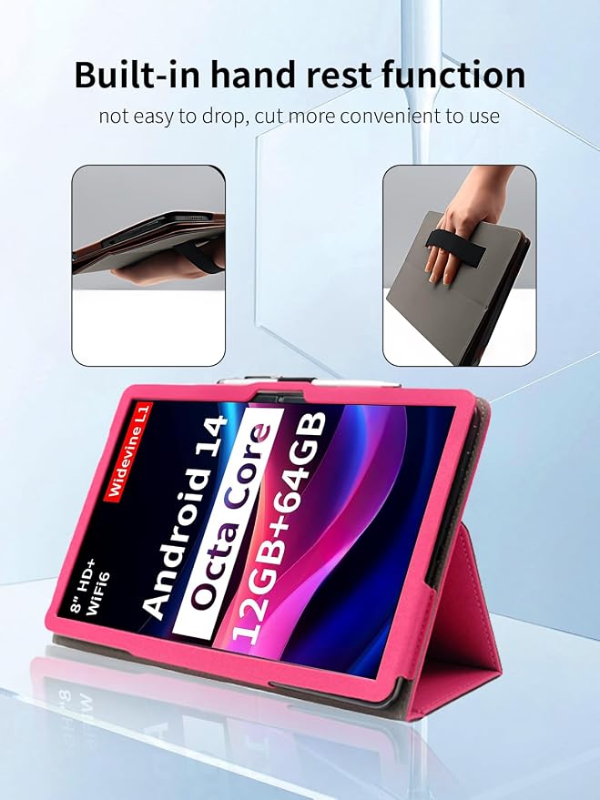 Case for Topsand M8 Android 14 Tablet 8 inch TabletsUYRUREL Leather Slim Folding Stand Cover with Hand Strap Magnet for Men Women Full ProtectionBlack.