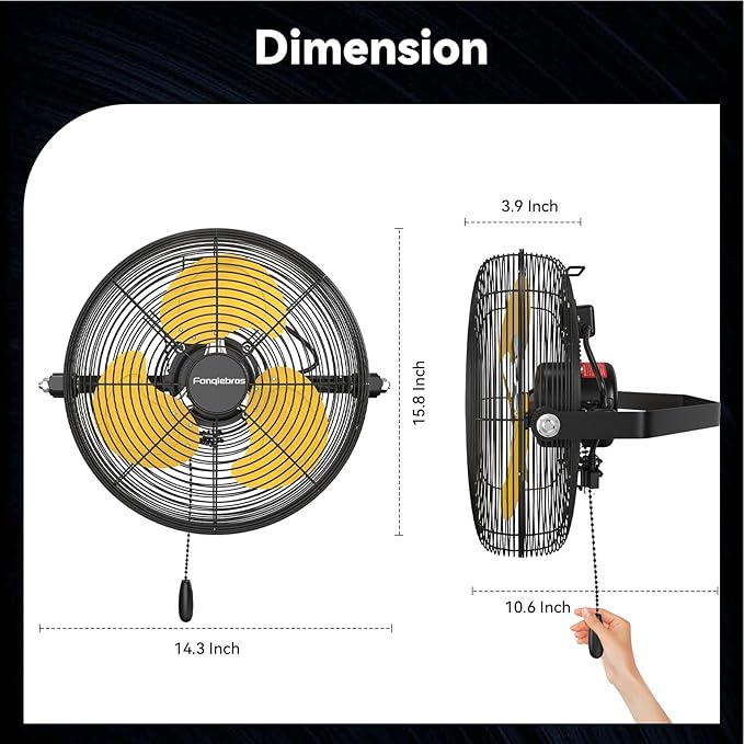 Fanqiebros 12 IN High Velocity Wall Mount Fan, 3 Speed Industrial Wall Fan with Sealed Motor, 2500 CFM Adjustable Air Circulator for Garage, Commercial, Greenhouse, Warehouse & Gazebo Use, UL Listed