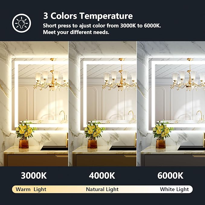 YEELAIT 48x30 Inch LED Bathroom Mirror with Lights Front and Backlit Lighted Vanity Mirror for Bathroom Wall with 3 Colors Dimmable Anti-Fog Memory Shatter-Proof IP54 Waterproof Horizontal/Vertical