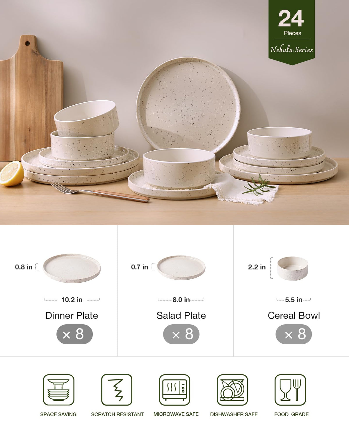 Famiware Nebula Plates and Bowls, 18-Piece Dinnerware Set, White