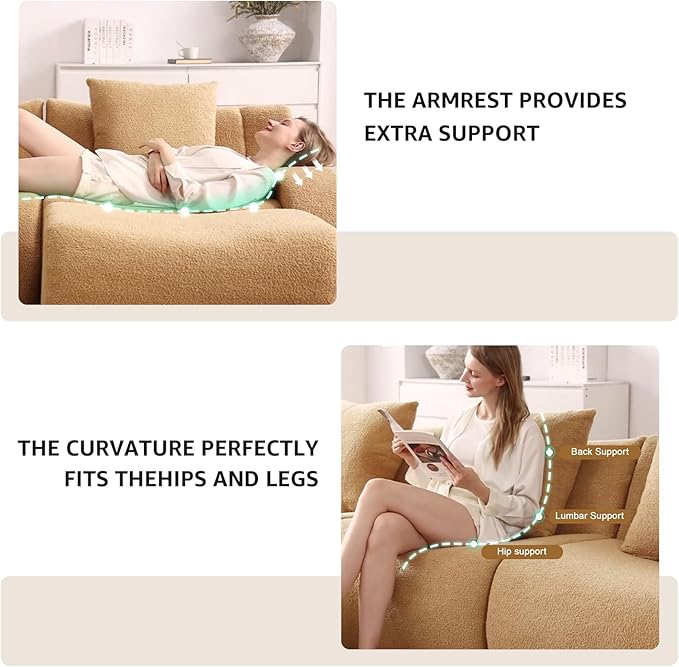Camel L-Shaped Cloud Couch with 1 Ottoman, Modern Teddy Fabric Boneless Sectional Sofa in a Box, Modular Floor Sofa for Living Room, Deep Seat, No Assembly Required, Sofas para Sala