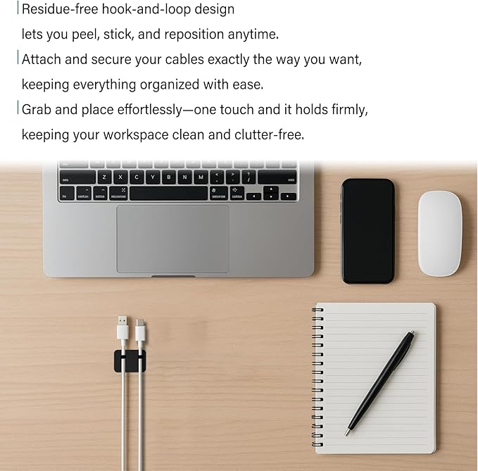 Under Desk Cable Management, Adjustable Hook and Loop Cord Ties, Reusable Wire Organizer, Low-Profile Cable Hider for Cord Management System (15)