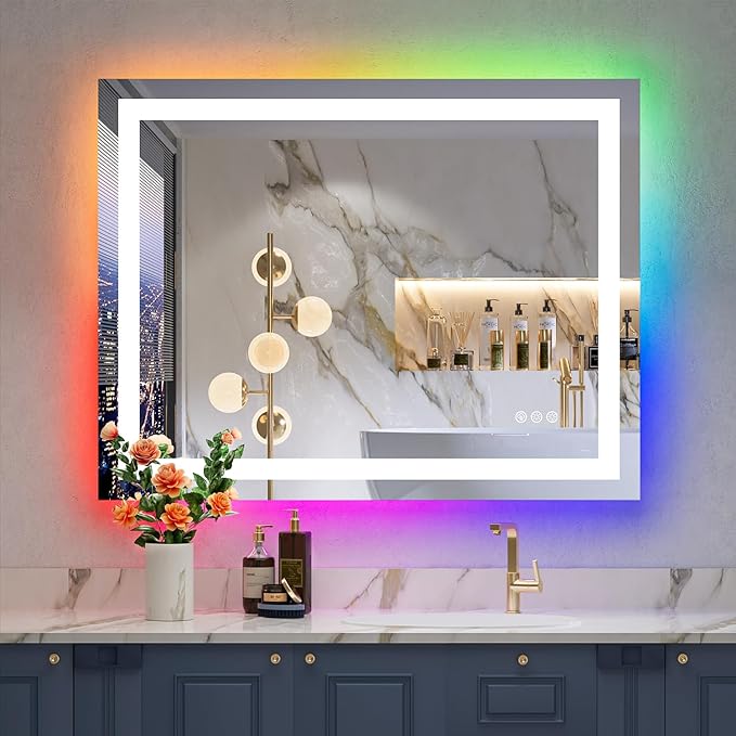 YEELAIT 36x30 Inch RGB LED Bathroom Mirror Front Light and RGB Backlit Lighted Vanity Mirror for Bathroom Wall Mounted Dimmable Anti Fog Memory Shatter-Proof IP54 Waterproof Horizontal/Vertical