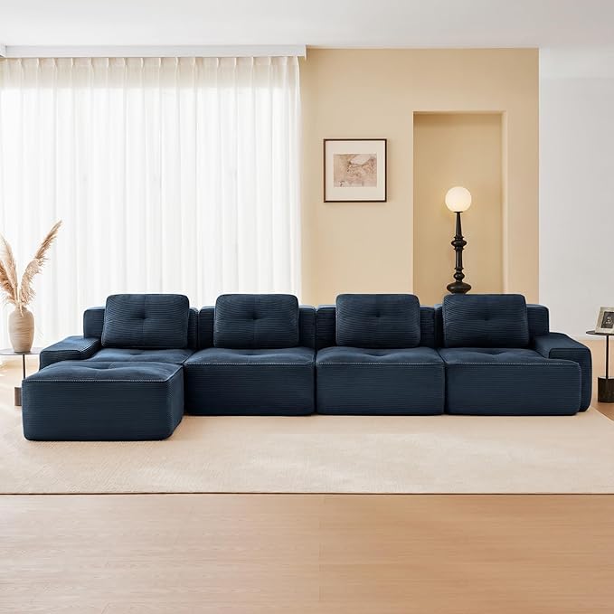 150" Modern Compressed Boneless Couch with Ottoman, 4 Seater Large L Shaped Sectional Couches for Living Room, Blue Corduroy Cloud Modular Sectional Sofa, Memory Foam, Extra Deep, No Assembly