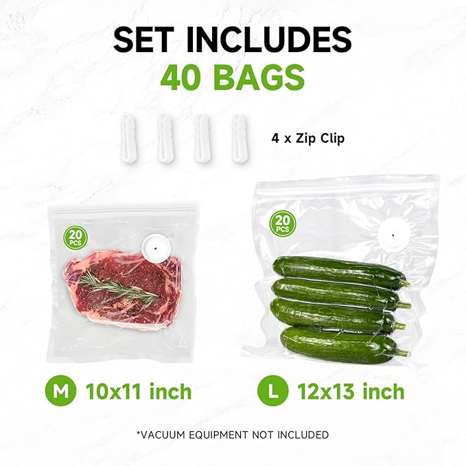 Vixino Vacuum Sealer Bags, 40 Reusable Vacuum Sealer Bags for Food Storage, BPA-Free, Meal Prep and Sous Vide Cooking,Works for Handheld Sealer and Vac Sealer Machine with External Vacuum Systems