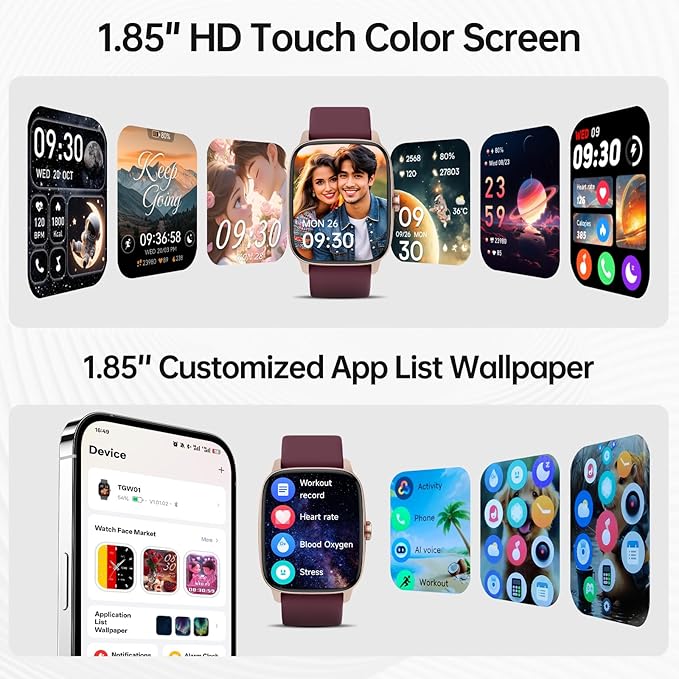Smart Watches for Women Men with Bluetooth Call & AI Voice, 1.85" HD Fitness Tracker with Heart Rate SpO2 Sleep Monitor, 100+ Sports Modes,Mini Games, IP68 Waterproof Smartwatch for Android iOS Phones