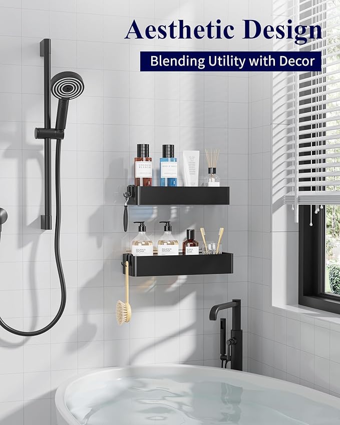 Kitsure Shower Caddy - 2 Pack Adhesive Shower Organizer, Rustproof Metal Shelves, No-Drill Bathroom Organizers and Storage, Black, Large
