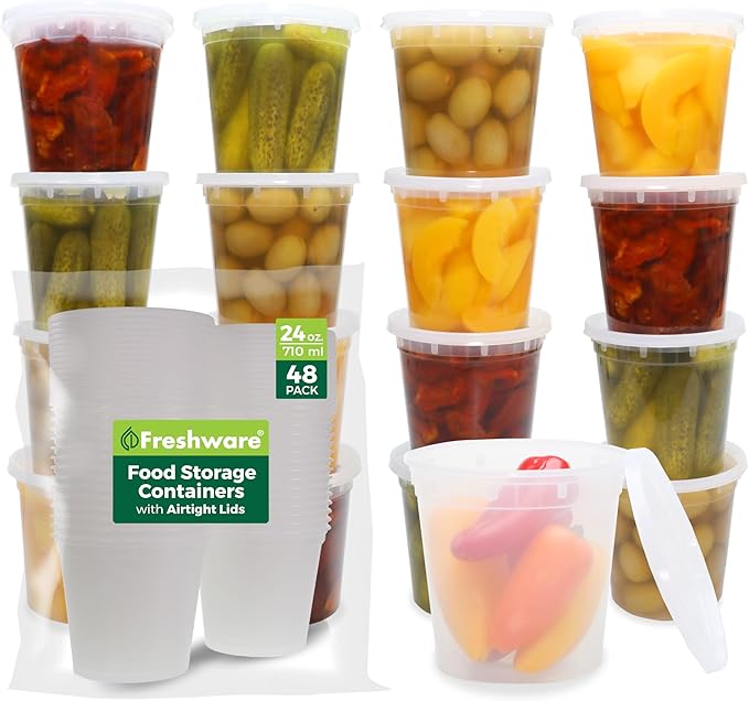 Freshware Food Storage Containers 24 oz Plastic Deli Containers with Lids, Slime, Soup, Meal Prep Containers, BPA Free, Stackable, Leakproof, Microwave/Dishwasher/Freezer Safe, 48 count (pack of 1)