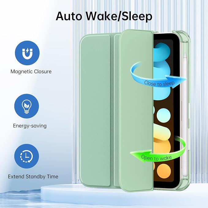 MoKo for iPad mini A17 Pro Case 8.3 Inch 2024 iPad mini 7th/6th Case 2021 | For iPad Mini Case with Pencil Holder Light Trifold Smart Protective Cover with Hard PC Translucent Back Shell Agave Gree