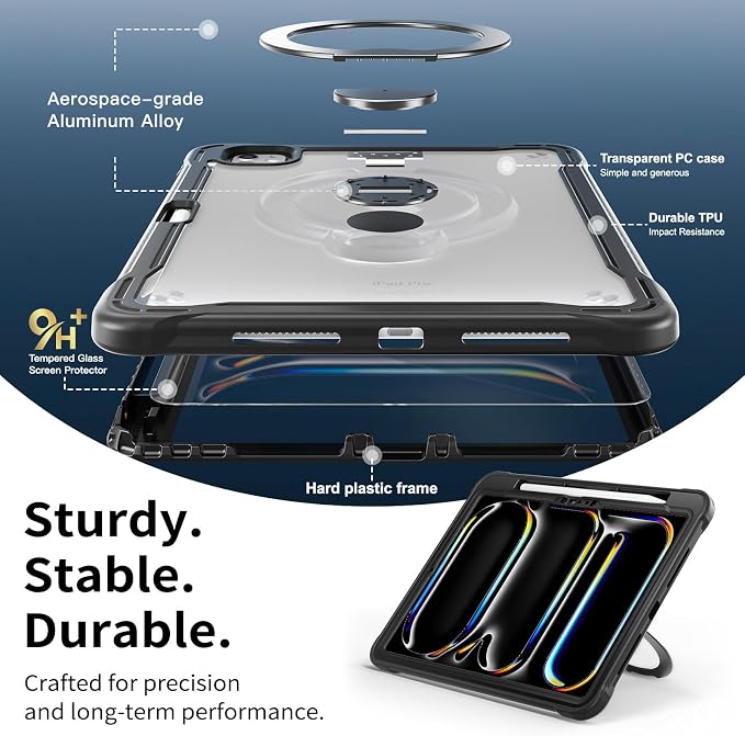 Lunivop Compatible with iPad Pro 11 Inch Case (M5/M4) 2025/2024 with 360° Rotating Aluminium Stan Stand Built-in 9H+ Hardness Screen Protector Military - Grade Tablet Cover Black