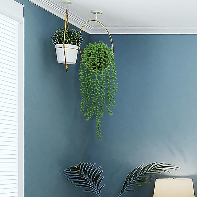 LOYWREE 3Pcs Fake Plants Indoor Artificial String of Pearls Plant in Black Pots, Realistic Green Faux Succulent Hanging Plants for Shelf Decor Desk Home Garden Decorations