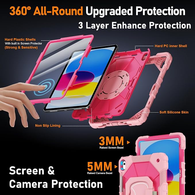 Case for iPad A16 11th/10th Generation 11/10.9 Inch 2025/2022 Dinines Full-Body Drop Protection Shockproof iPad a16 Case with Screen Protector 360° Rotating Stand Shoulder Strap Pencil Holder Black