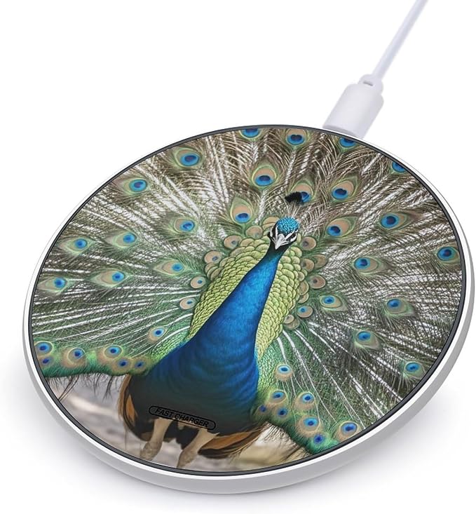 Peacock Pattern Wireless Charger with USB Cable Qi-Certified 10W Fast Wireless Charging Pad Portable Charging Station Anti-Slip Slim Charger Mat for All Qi-Enabled Phones