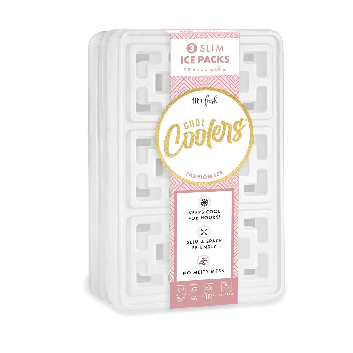 Cool Coolers XL Fashion Ice by Fit & Fresh, 3pk Ice Blocks for Lunchboxes, Quick Freeze, Space Saving, Stylish Reusable Freezer Packs for Coolers, Pearl White