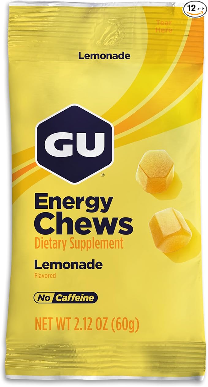 GU Energy Chews, Lemonade Energy Gummies with Electrolytes, Vegan, Gluten-Free, Kosher, and Dairy-Free On-The-Go Energy for Any Workout, 12 Bags (24 Servings Total)