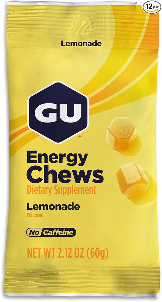 GU Energy Chews, Lemonade Energy Gummies with Electrolytes, Vegan, Gluten-Free, Kosher, and Dairy-Free On-The-Go Energy for Any Workout, 12 Bags (24 Servings Total)