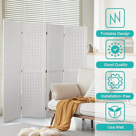 Babion 4 Panel Pegboard Display, Peg Board Room Divider Freestanding Folding Privacy Screens Pegboard Display Stand for Craft Shows (White)