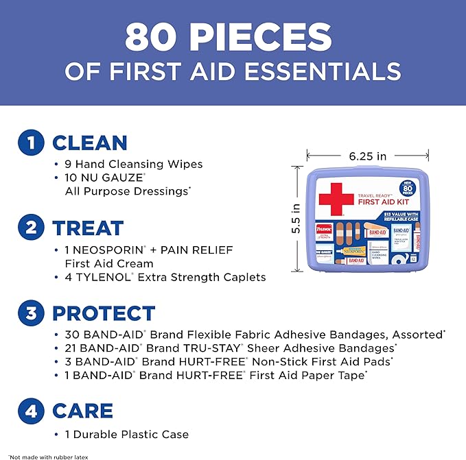 BAND-AID Brand Travel Ready Portable Emergency First Aid Kit for Minor Wound Care, Perfect for Home, Car, Travel, Camping Essentials & Outdoor Emergency Kit, 80 Pieces