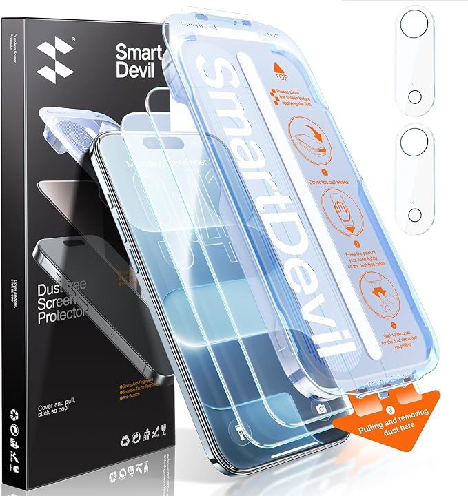 SMARTDEVIL (3+3 Pack HD Clear Screen Protector for iPhone 14 Pro Max with 3 Camera Lens Protectors 9H Tempered Glass Shatter-Resistant SmartPull Dust &amp Bubble-Free Install Frame Case-Friendly