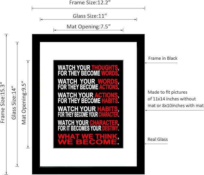 Wieco Art Quotes Wall Art Inspirational Canvas Print Motivation Classroom Decor With Black Picture Frame and Real Glass Made to Display 8x10" with Mat or 11x14" Photos Without Mat for Home Office Wall Decoration