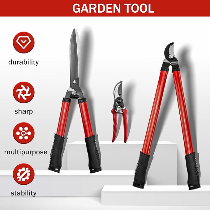 iMeshbean 3 Pieces Garden Tools Set Lopper & Pruning Shear & Tree Trimmer Pruner Ideal for Indoor & Outdoor Gardening, Branch Cutting & Plant Trimming