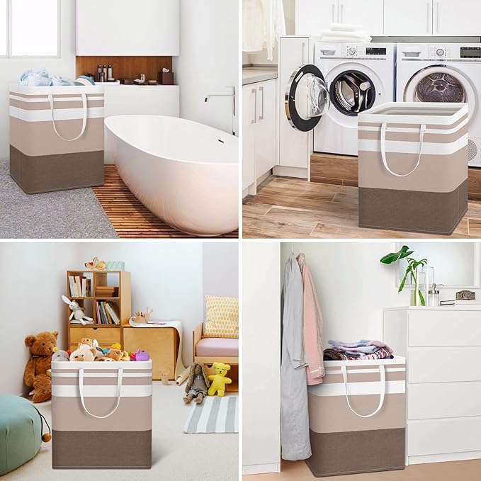 HomeHacks 2-Pack Large Laundry Basket, Waterproof, Freestanding Laundry Hamper, Collapsible Tall Clothes Hamper with Extended Handles for Clothes Toys in the Dorm and Family (Brown, 100L)