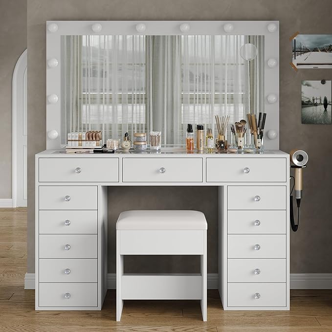 Vanity Desk with Mirror and Lights, 13 Drawers Makeup Vanity with Glass Top, 3 Color Lighting Modes, Makeup Vanity with Chair for Bedroom (White)