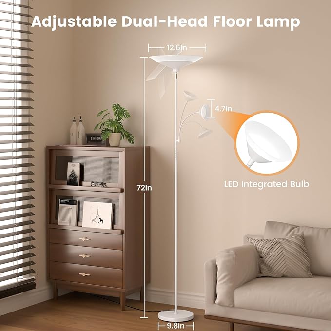 Upgraded 2-Light Torchiere Floor Lamp - 34W Color Changing Standing Lamp with Remote, Rotatable Floor Reading Light, Modern Standing Light with for Living Room Bedroom Office, White