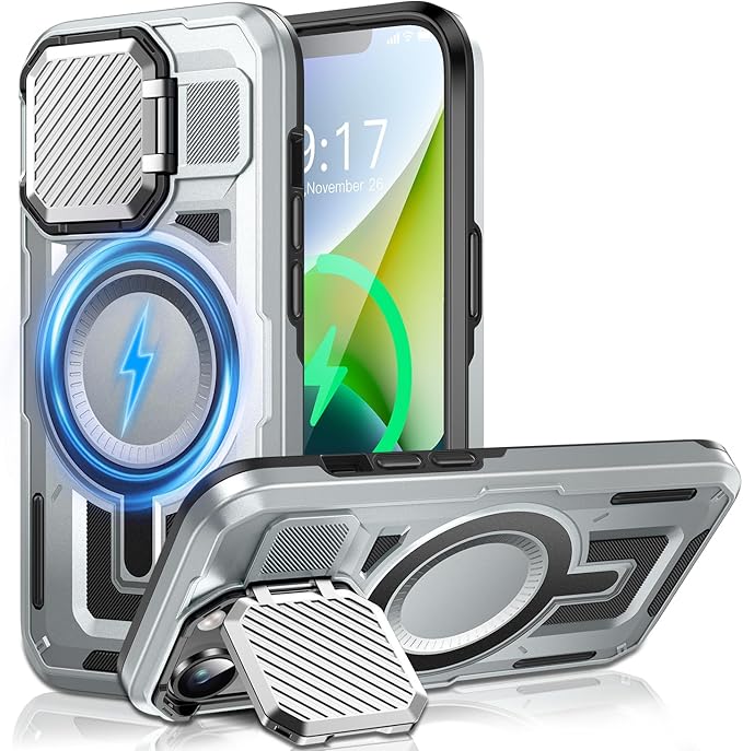 Camera Stand Case for iPhone 13/14, [Compatible with MagSafe] [Lens Cover] 2024 Version Military Grade Protective Soft Case for iPhone 13/14 6.1 inch Men Women, Grey