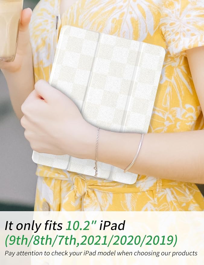 Case for iPad 9th/ 8th/ 7th Generation Case 10.2&amp10.5 Inch (2021/2020/2019 Release) Slim Lightweight Soft Trifold Back Cover with Pencil Holder &amp Auto Sleep/Wake CoverBeige Checkered