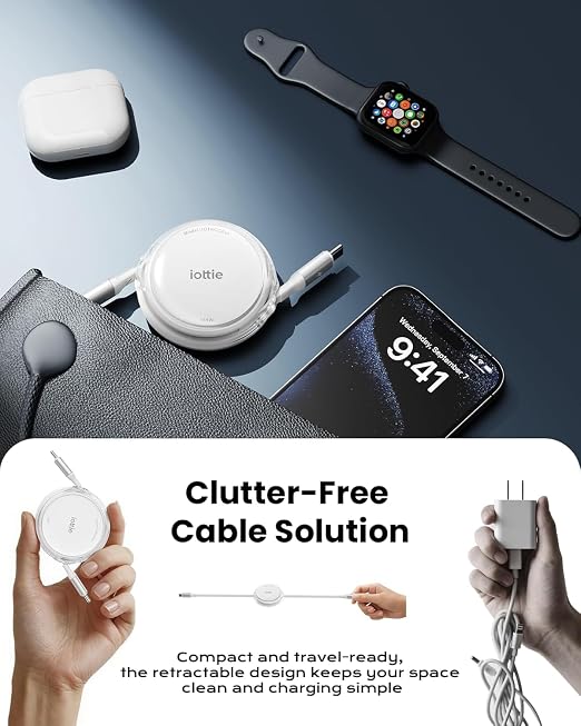 iOttie Basix 100W Retractable USB-C Cable Fast Charging USB C-to-C Cable with 4 Adjustable Cable Lengths USB C Cable for iPhone 17/17 Air/17 Pro/Pro Max 16 15 Series Samsung S24/23+