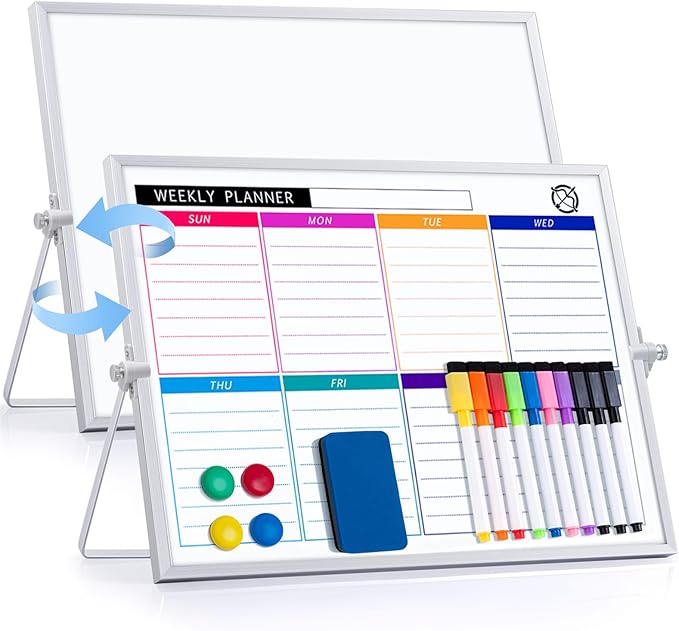 ARCOBIS Dry Erase White Board with Stand, 12" x 16" Weekly Double-Sided Desktop Whiteboard 10 Markers, 4 Magnets, 1 Eraser, Portable Magnetic Dry Erase Calendar for Planning, to Do List, Memo, School