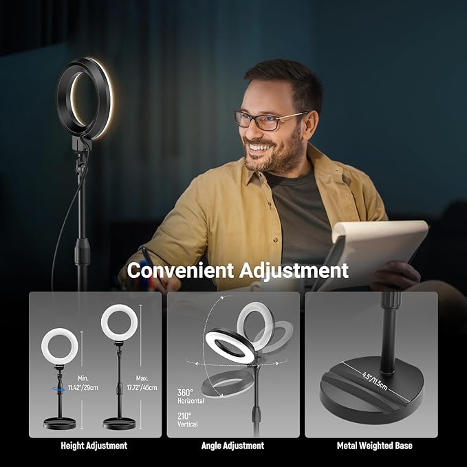 NEEWER Basics 5" LED Desktop Ring Light with Stand, Monitor Clamp, 10W, Compatible with iPhone Desk Computer Laptop Webcam Phone for Selfie Makeup Recording Zoom Video Conference Lighting, Black BR60