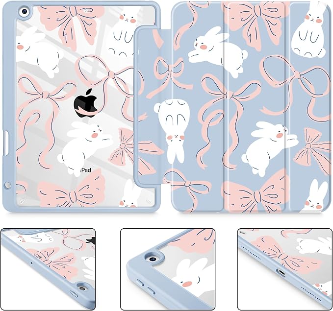 Case for iPad 9th/8th/7th Generation 10.2-Inch (2021/2020/2019 Release) with [Built-in Pencil Holder] Shockproof Cover with Clear Transparent Back Shell &amp Auto Wake/Sleep - Blue Bows