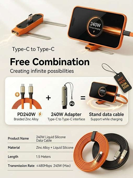 Detachable 240w Super Fast Charging 2-in-1 Charging Cable with Phone Charger Invisible Stand Flat Phone Charger Type-C 90 Degree 240w Stand Data Cable Right Angle Sideways(Data cable set1PC Black)