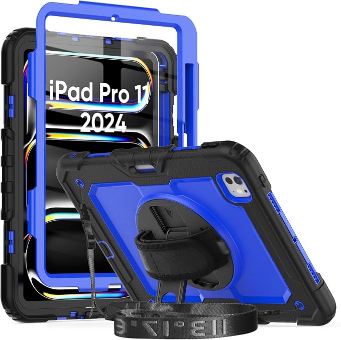 iPad Pro 11 Inch Case 2024 with Screen Protector Pen Holder | iPad Pro 11 5th Generation Case | Three Layer Shockproof Defender Protective Cover W/Stand Hand Strap for iPad A2836/A2837 | Black