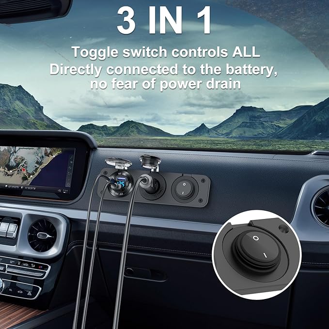 12V USB Outlet Boat Accessories Marine Switch Panel Plug, PD3.0 and Dual QC3.0 USB Ports Aluminum Car Charger with Voltmeter, Lighted 150W Cigarette Lighter Socket and Toggle Switch 3 in 1 DIY Kit