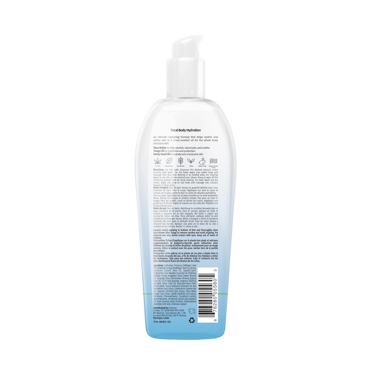 HEMPZ Triple Moisture Fresh Citrus Herbal Hydrating Multi-Purpose Body Oil for Face or Body - Moisturizing Bath, Shower, or Shaving Oil for Dry or Sensitive Skin for Women & Men, 6.76 Oz