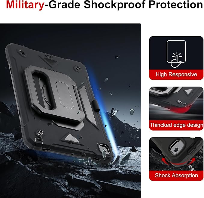 Case for iPad 9th Generation (2021) /iPad 8th Gen (2020)/iPad 7th Gen (2019) Military Grade Shockproof iPad Case Built-in 360°Rotating Stand/Pen Slot/Shoulder Strap for iPad 10.2 (Black)
