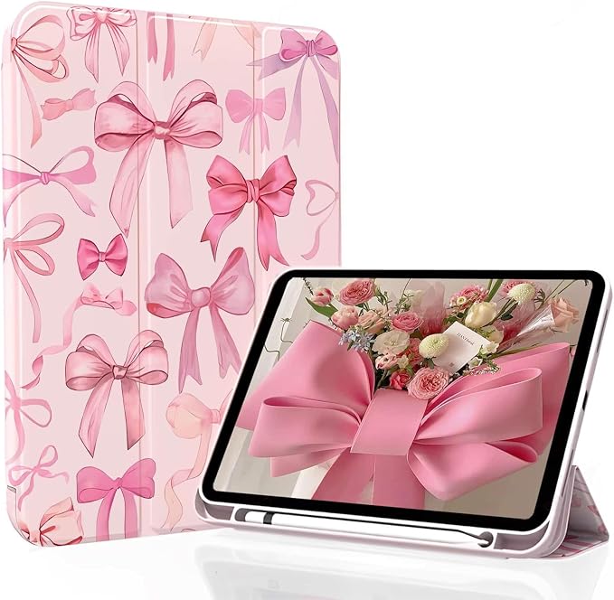 for iPad A16 11 Inch 2025 /for iPad 10th Generation 10.9 Inch 2022 Cute iPad Black Case with Pencil Holder-[Auto Wake/Sleep] Trifold Stand Soft TPU Protective Cover Pink Bows