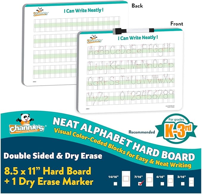 Channie’s Visual Dry Erase Neat Alphabet Hard Board for 1st, 2nd, 3rd Elementary School Students, Handwriting Practice, Homeschool Learning Supplies and Summer Teaching Workbooks