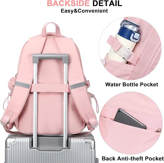 School Bag for Teens Girls,Girls Backpack Set,3 PCS Kids Backpack for Women,15.6 Inch Laptop Middle High School College Student Casual Travel Daypack with Lunch Box Pencil Pouch Set(Pink)