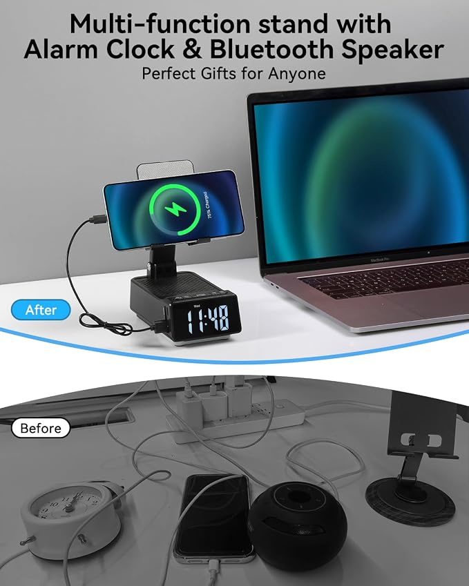 Birthday Gifts for Women Men 7 in 1 Multi-Function Phone Stand with Bluetooth Speaker Portable Charger Alarm Clock LED Light USB Playback Hands-Free Calling (Black)