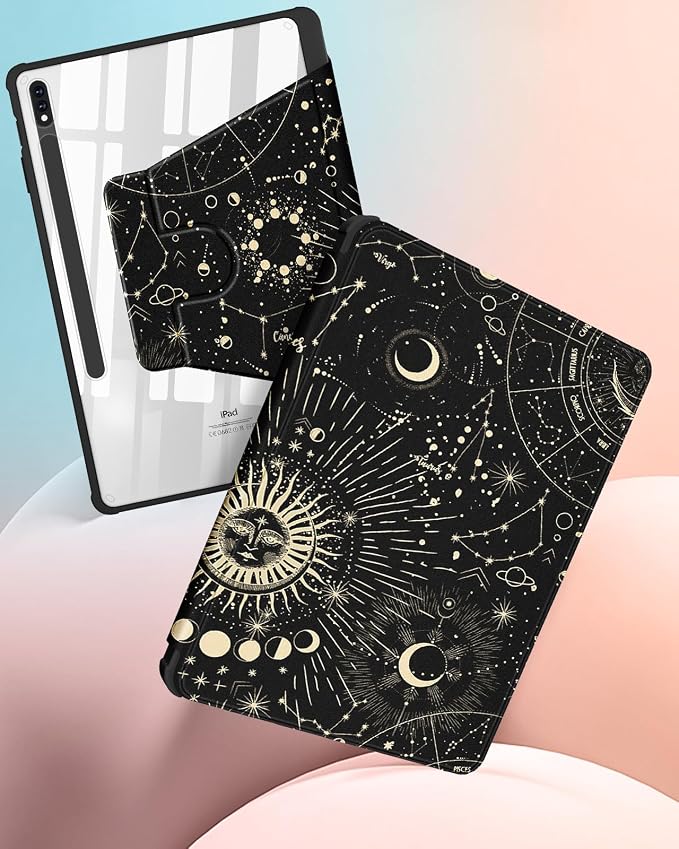Wazzasoft for Samsung Galaxy Tab S7/S7 Plus/S8 Plus Case - 12.4 Inch Folio Cover with Pencil Holder - Women/Girl Cute Girly Black Flower Unique Design - Rotating Tablet Case