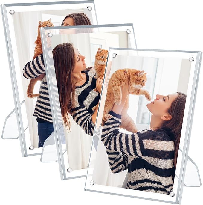 Egofine 4x6 Acrylic Frames Set of 3, Clear Picture Frames with Stand, Magnetic Acrylic Photo Frames for Tabletop Display Horizontally or Vertically